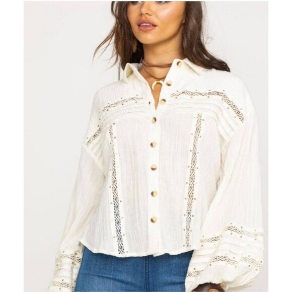 Free People Emmie Embroidered Lace Button Down Blouse (Ivory) – Size L - Picture 1 of 12